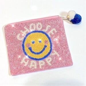 Beaded Smiley Face Clutch – “Choose Happy” Pink Statement Pouch | NWOT